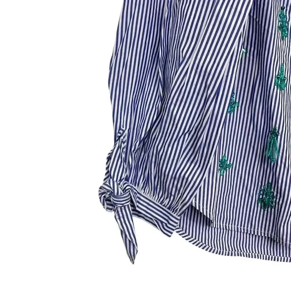 J. Crew Blue Striped Top Size 2 Off Shoulder Embellished